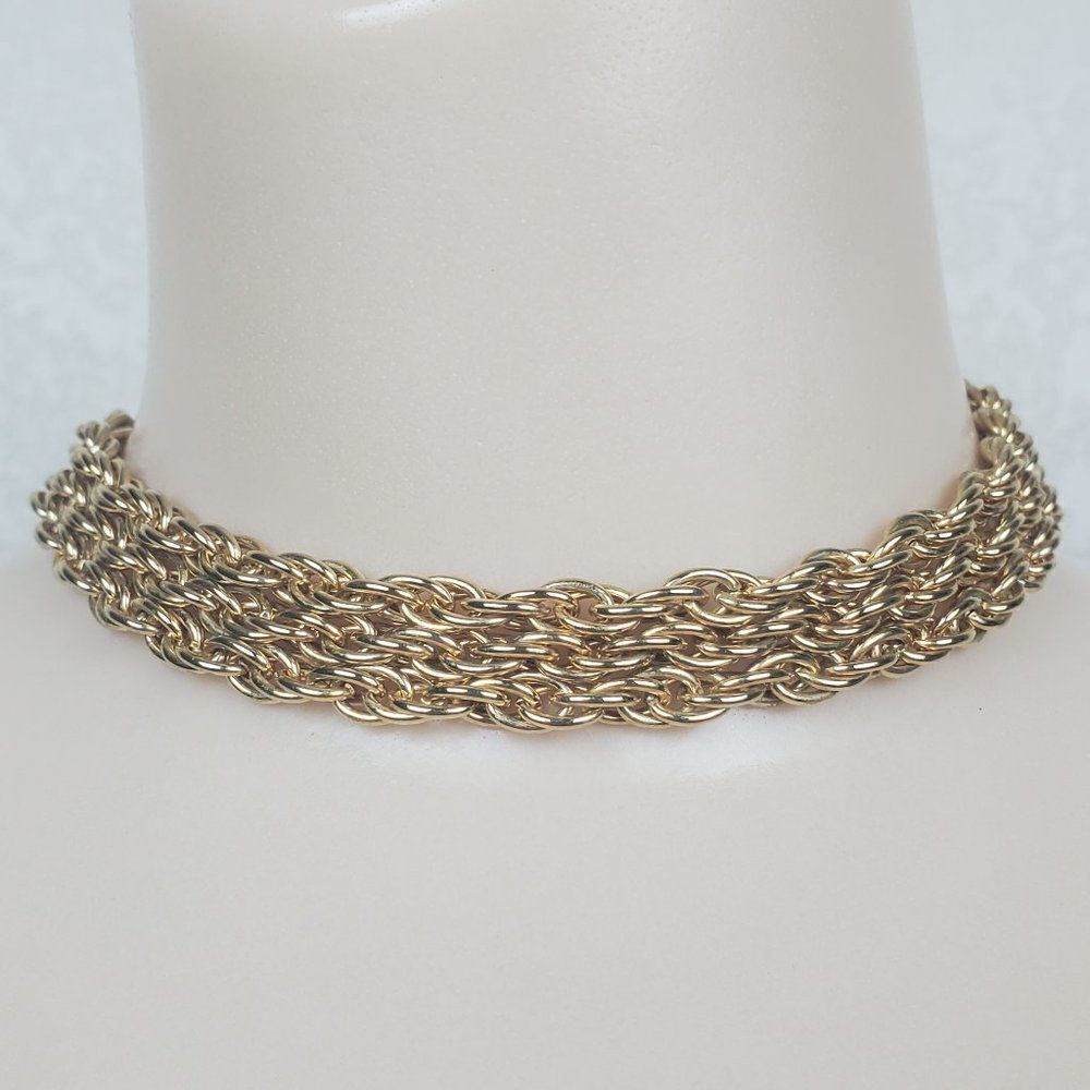 Vtg Triple Strand Gold Tone‎ Metal Rope Collar Chain Chunky Statement Necklace